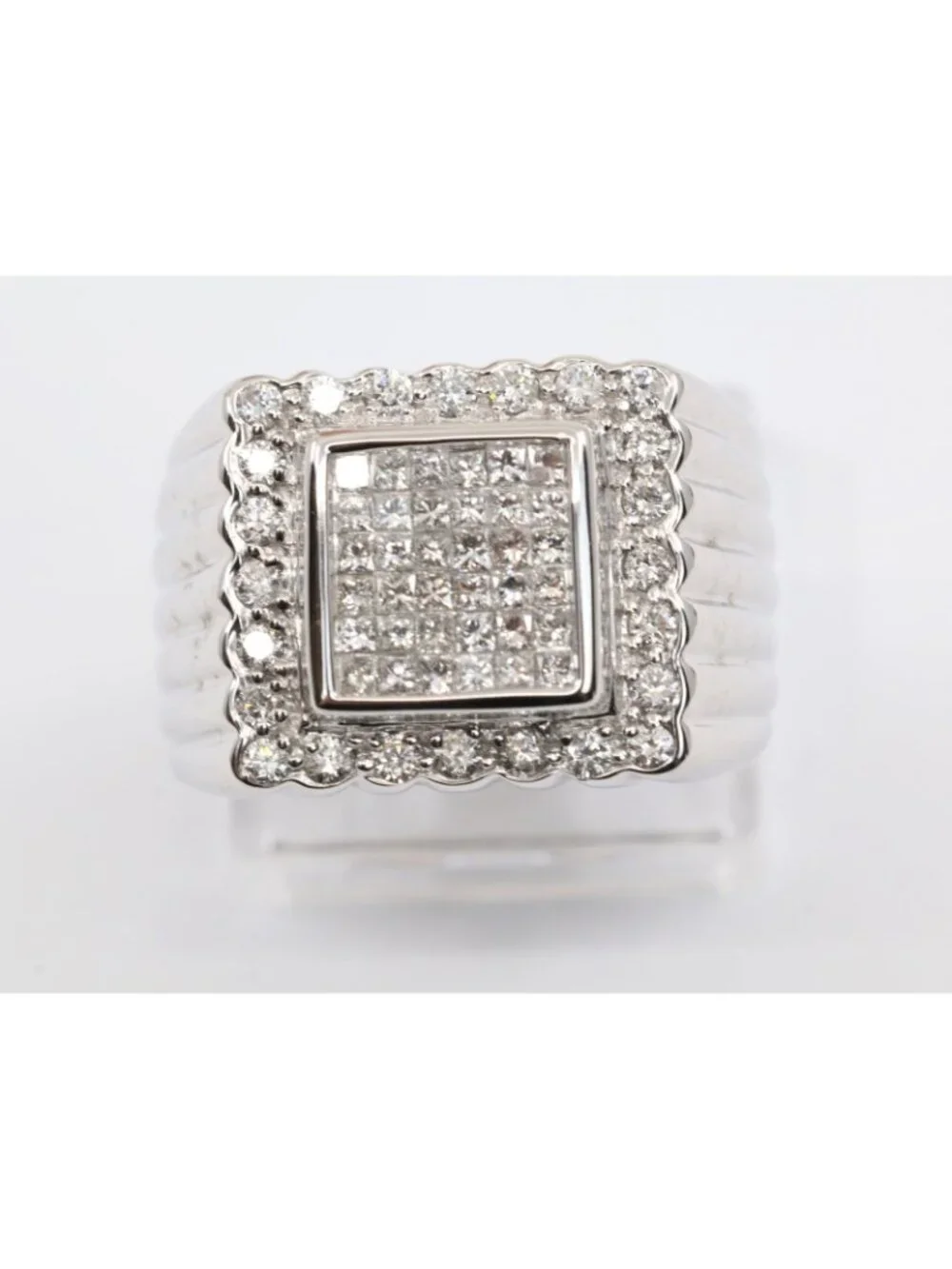 14K Solid White Gold Princess Cut Diamond Cluster Halo Men's Ring - Size 9.25